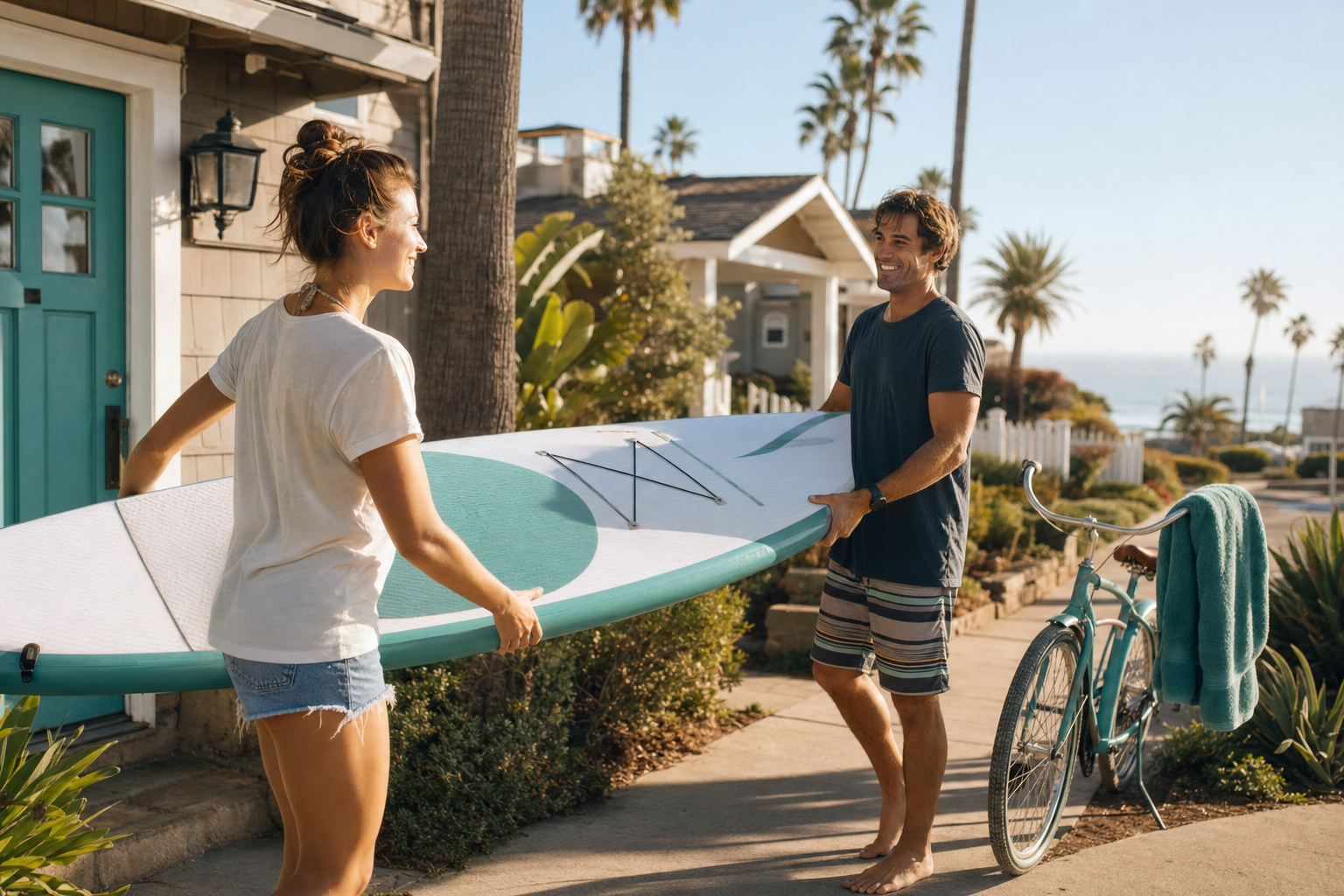 Two neighbors smiling as they hand off a teal paddleboard on a sunny San Diego street with palm trees and a beach cruiser bike